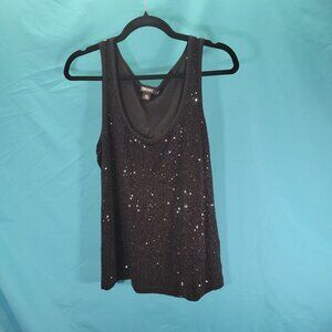 DKNY Womens Sequined Black Tank Top L 100% Cotton Shimmering Sleeveless Blouse